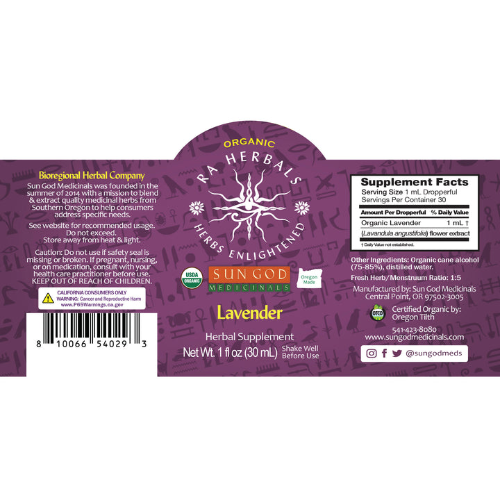 lavandula angustifolia lavender flower extract Sun God Medicinals Ra Herbals Organic Lavender Liquid Extract - Relaxation and Nervous System Support