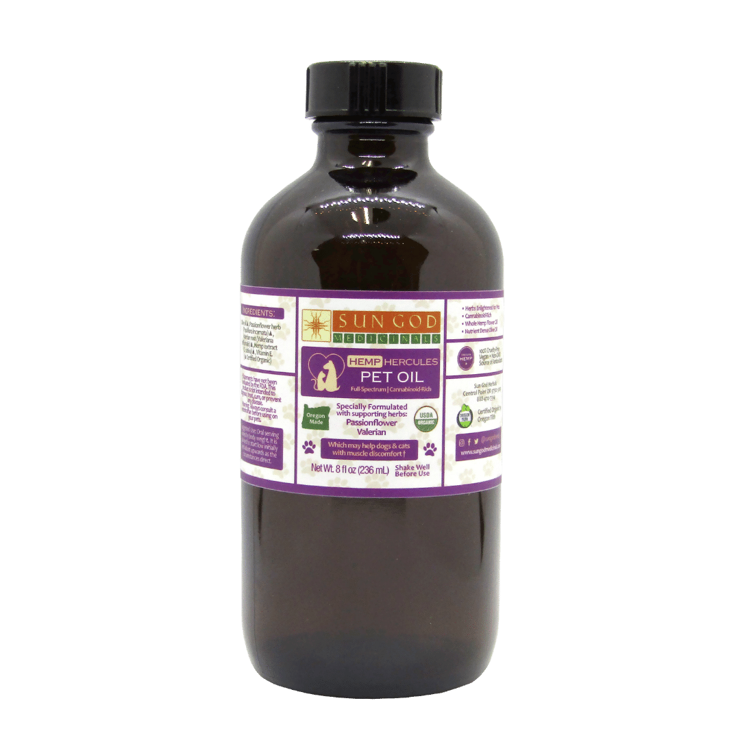 Organic Hercules Muscle Relief Hemp Pet Oil now in 2 Hemp Levels