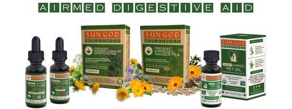 Airmed Herbal Products for Digestion Support by Sun God Medicinals. Formulated by an herbalist with medicinal herbs from Oregon.