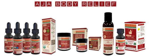 Aja Herbal Products for Inflammation by Sun God Medicinals. Formulated by an herbalist with medicinal herbs from Oregon.