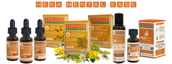 Heka Herbal Products for Stress, Anxiety, and Mental Ease by Sun God Medicinals. Formulated by an herbalist with medicinal herbs from Oregon.