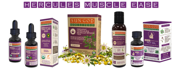 Hercules Herbal Products for Muscle Spasm and Muscle Ease by Sun God Medicinals. Formulated by an herbalist with medicinal herbs from Oregon.