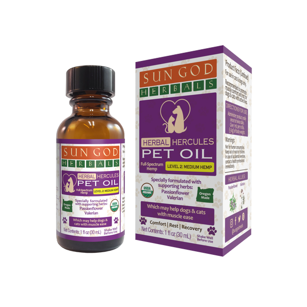 Sun God Medicinals - Organic Hercules Hemp Pet Oil – Herbal Support for Muscles  250 mg CBD