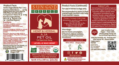 Organic Aja Body Relief Hemp Pet Oil-Level 4 Hemp: for Large Dogs and Horses - Sun God Medicinals