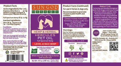 Organic Hercules Muscle Relief Hemp Pet Oil-Level 4 Hemp: for Large Dogs and Horses - Sun God Medicinals