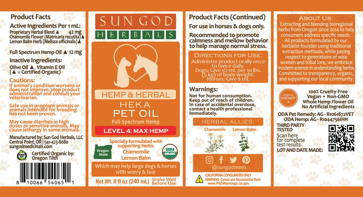 Organic Heka Worry & Fear Hemp Pet Oil-Level 4 Hemp: for Large Dogs and Horses - Sun God Medicinals