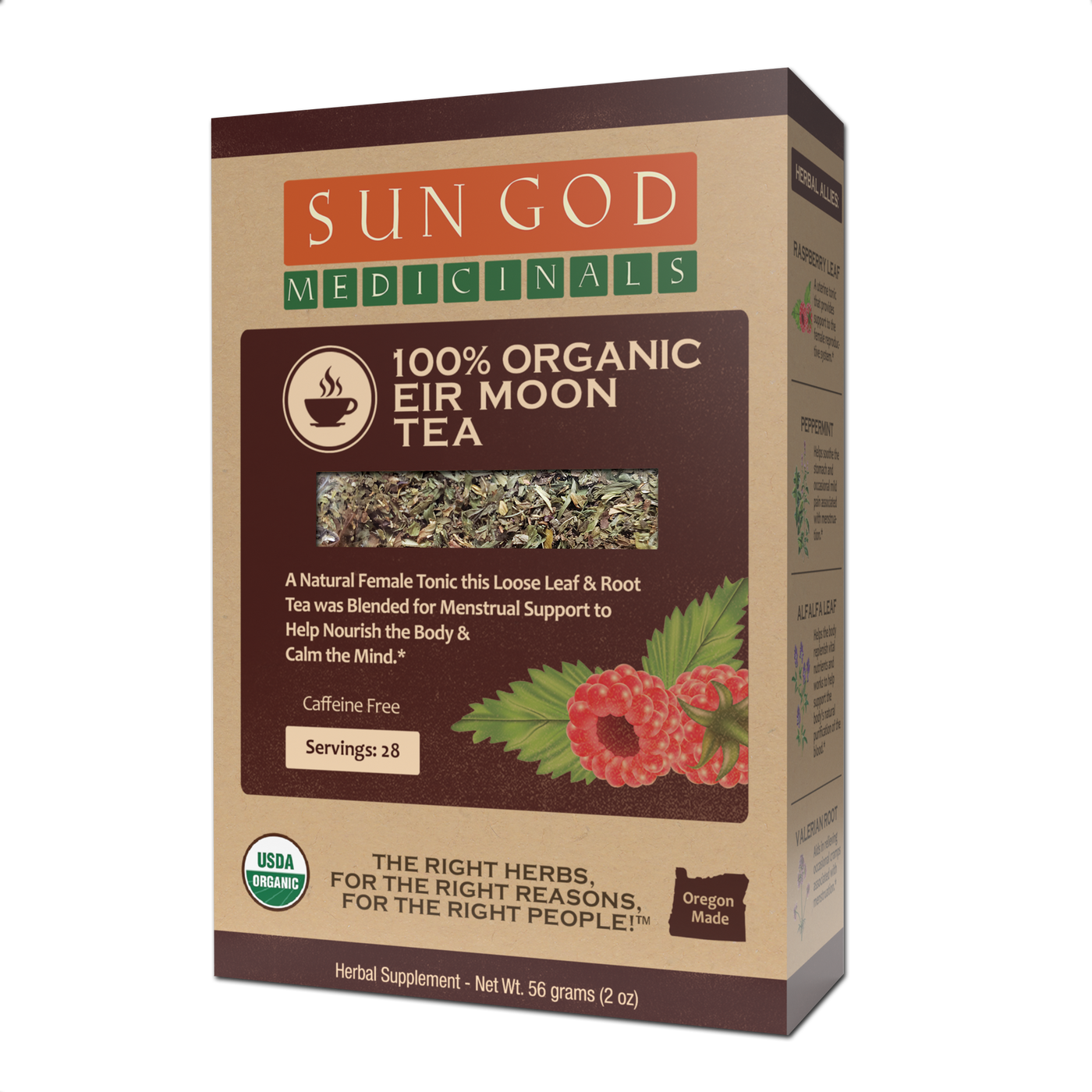Eir Moon Tea – 2oz organic loose leaf herbal tea with peppermint, raspberry leaf, and valerian root for women’s cycle support.