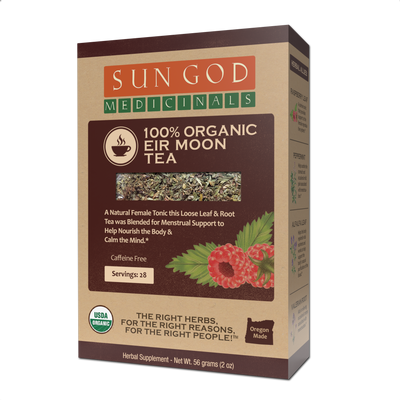 Eir Moon Tea – 2oz organic loose leaf herbal tea with peppermint, raspberry leaf, and valerian root for women’s cycle support.