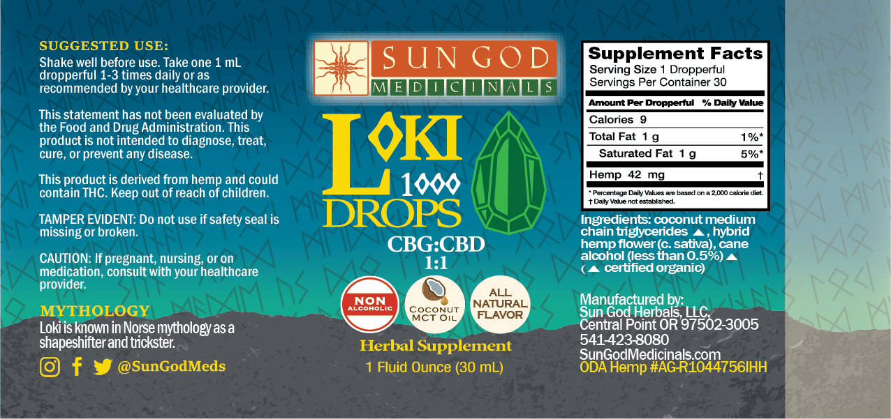 Loki 1000 Drops 1:1 CBG:CBD - Sun God Medicinals