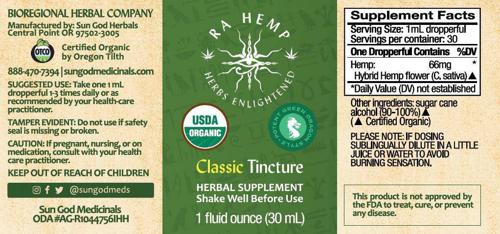 Organic Ra Hemp Classic "Green Dragon Style" Tincture 1000 - Sun God Medicinals