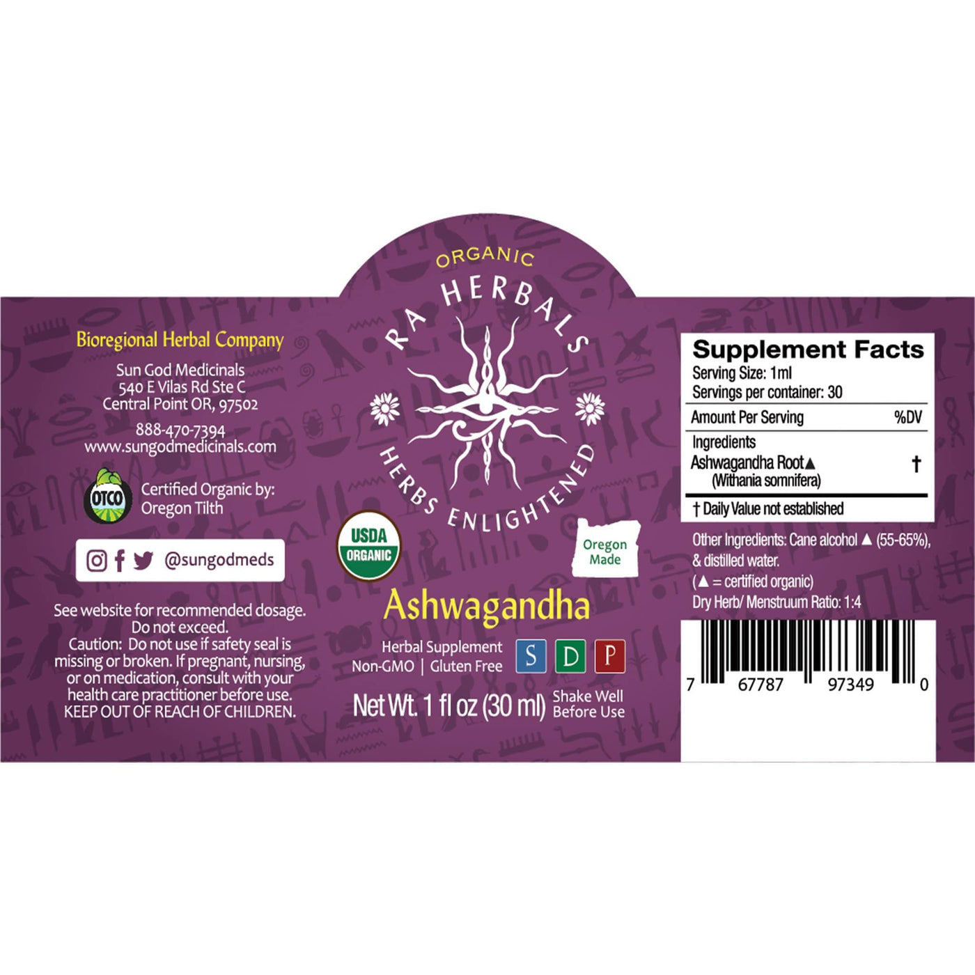Ra Herbals Certified Organic Ashwagandha Tincture - Sun God Medicinals
