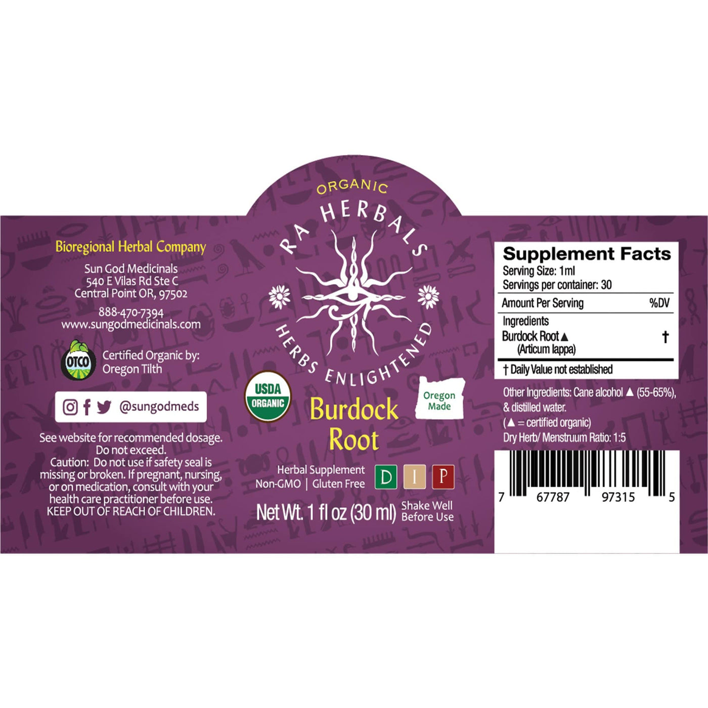 Ra Herbals Certified Organic Burdock Root Tincture - Sun God Medicinals