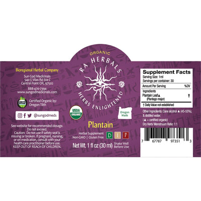 Ra Herbals Certified Organic Plantain Tincture - Sun God Medicinals