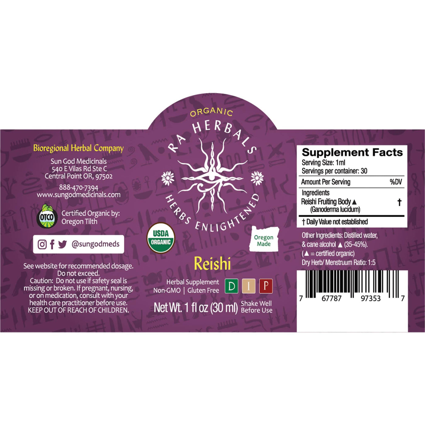 Ra Herbals Certified Organic Reishi Tincture - Sun God Medicinals